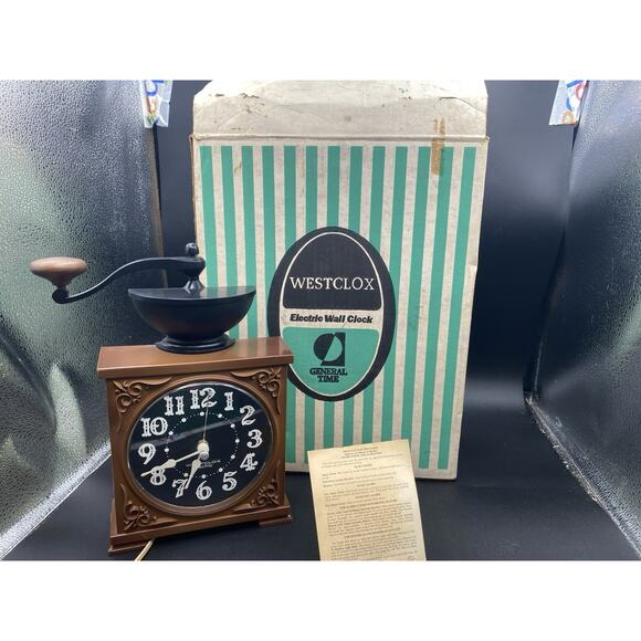 Vtg WestClox Clock Coffee Grinder Mill Hanging Wall Decor Tested And Works / Box - Picture 1 of 16